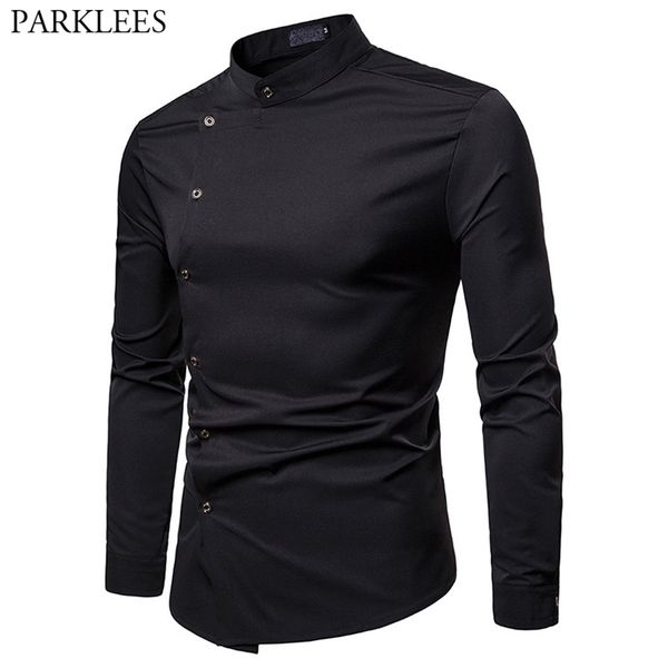 black mandarin collar slant button shirt men slim fit long sleeve tuxedo dress casual wedding chemise homme 210721, White;black
black mandarin collar slant button shirt men slim fit long sleeve tuxedo dress casual wedding chemise homme 210721, White;black