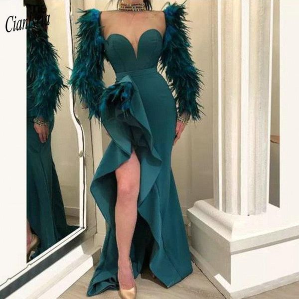 party dresses green high neck long sleeve mermaid evening dress with feathers side split arabic dubai formal, White;black
party dresses green high neck long sleeve mermaid evening dress with feathers side split arabic dubai formal, White;black