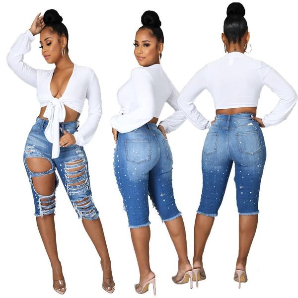 women's jeans european and american fashion trend ripped high waist stretch mother 5-point pants, Blue
women's jeans european and american fashion trend ripped high waist stretch mother 5-point pants, Blue