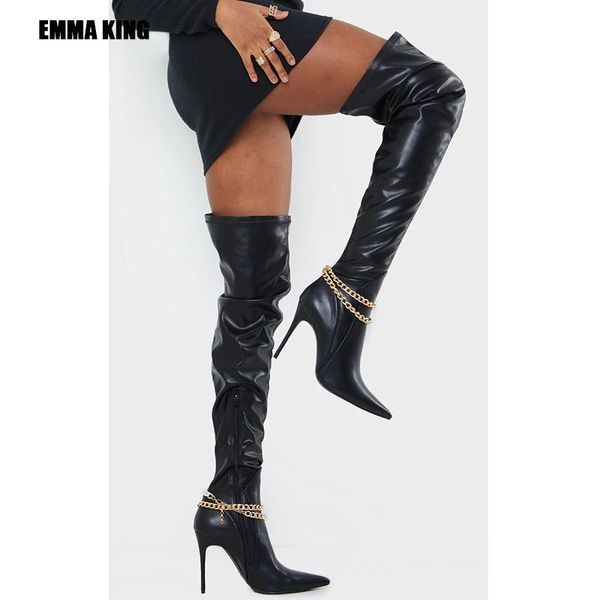 spring over the knee women boots gold chain decor high heel slipon shoes pointed toe woman long size 34-44, Black
spring over the knee women boots gold chain decor high heel slipon shoes pointed toe woman long size 34-44, Black