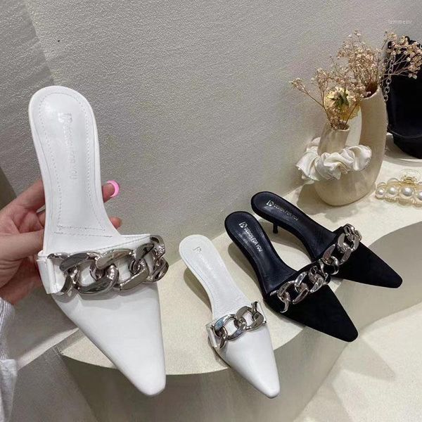 women luxury slippers fashion metal chain brand mule pointed toe slip on slides thin med heel dress shoes outdoor flip flops1, Black
women luxury slippers fashion metal chain brand mule pointed toe slip on slides thin med heel dress shoes outdoor flip flops1, Black