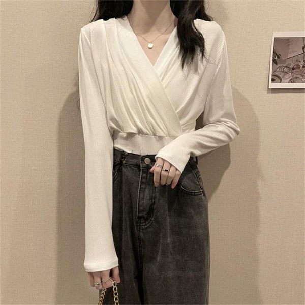 women's t-shirt spice girl style chic short early autumn 2021 korean minority v-neck long sleeved bottom shirt, White
women's t-shirt spice girl style chic short early autumn 2021 korean minority v-neck long sleeved bottom shirt, White