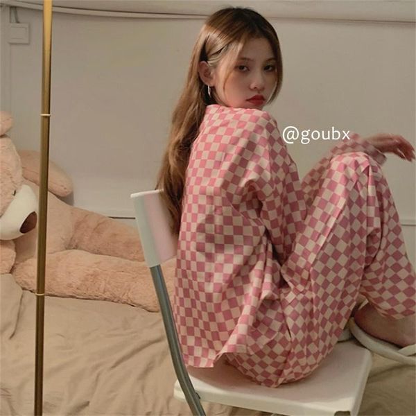 women's sleepwear pink chessboard plaid pajamas suit for women 2021 autumn comfortable soft outerwear homewear two-piece, Black;red
women's sleepwear pink chessboard plaid pajamas suit for women 2021 autumn comfortable soft outerwear homewear two-piece, Black;red