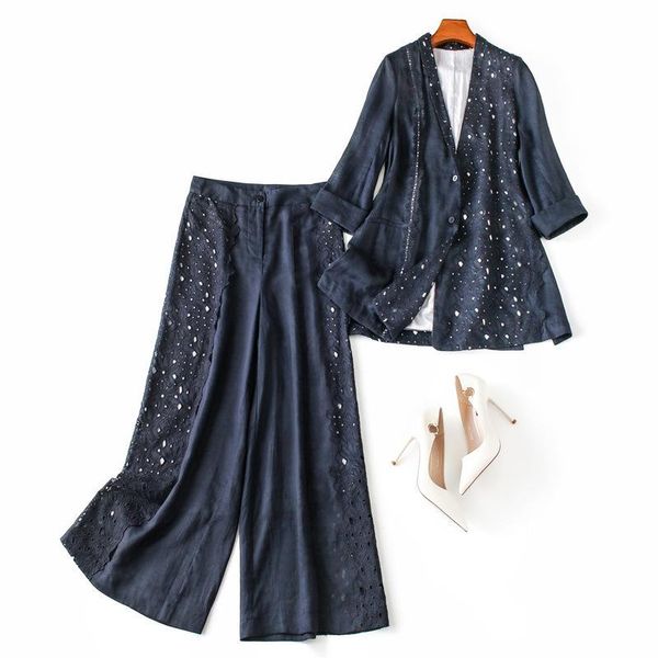 women hollow out lace patchwork cotton blazer suit elegant 3/4 sleeve office + wide leg pants two piece outfits set 2021 summer women's, Gray
women hollow out lace patchwork cotton blazer suit elegant 3/4 sleeve office + wide leg pants two piece outfits set 2021 summer women's, Gray