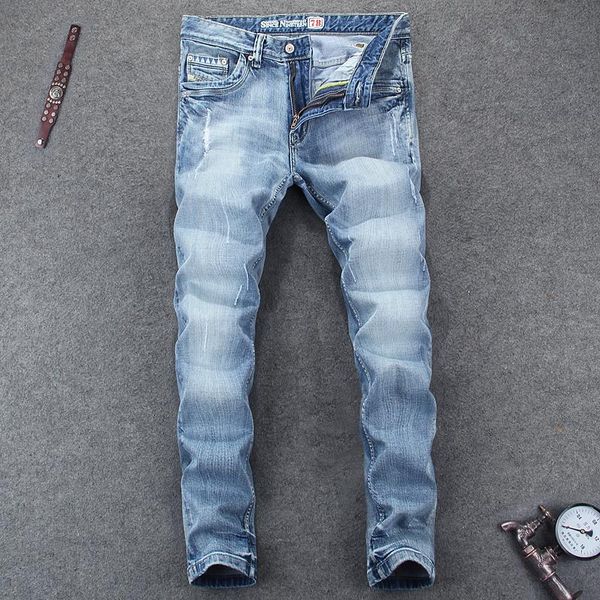 men's jeans denim pants streetwear hip hop homme men light blue slim elastic ripped italian fashion vintage designer
men's jeans denim pants streetwear hip hop homme men light blue slim elastic ripped italian fashion vintage designer