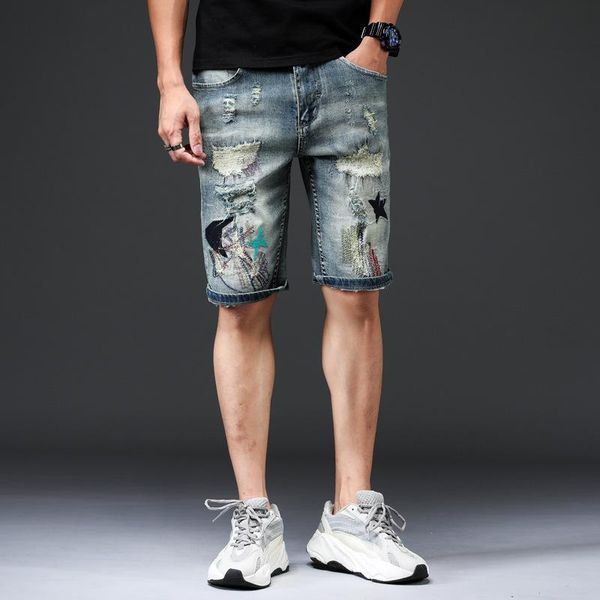 men's jeans summer brand clothing classic ripped mens straight embroidered cotton denim short sretro nostalgic trend youth fashion, Blue
men's jeans summer brand clothing classic ripped mens straight embroidered cotton denim short sretro nostalgic trend youth fashion, Blue