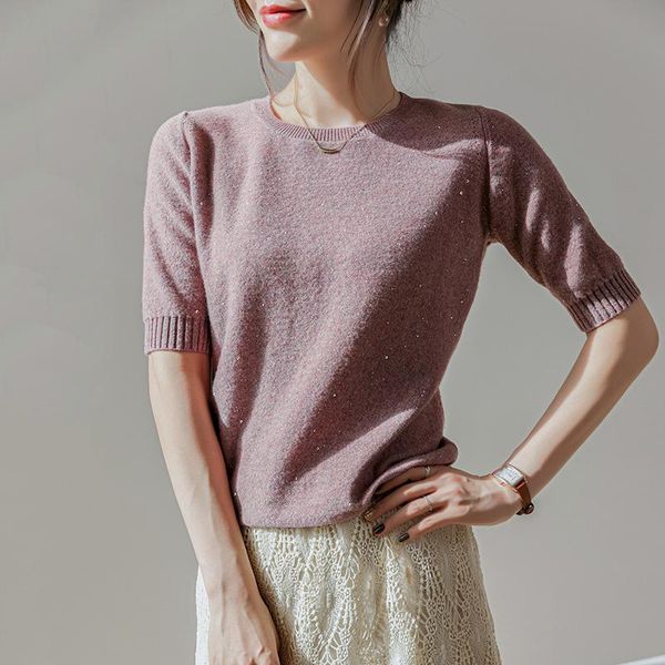 women's t-shirt 2021 wool knitting sequin women o-neck luxury tee short sleeve pullover sweater early spring wear soft vacation basic, White
women's t-shirt 2021 wool knitting sequin women o-neck luxury tee short sleeve pullover sweater early spring wear soft vacation basic, White