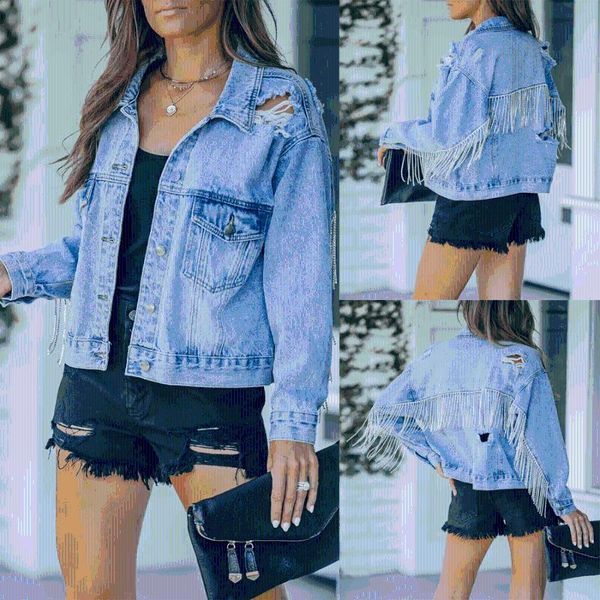 women's jackets 2021 autumn/winter style street fashion ripped tassel washed lapel denim jacket, Black;brown
women's jackets 2021 autumn/winter style street fashion ripped tassel washed lapel denim jacket, Black;brown
