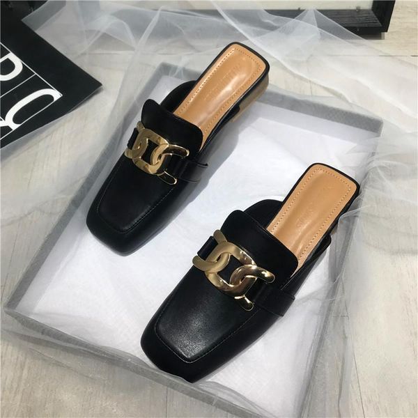 2021 spring new women loafers slipper square toe slip on mules shoes fashion gold buckle luxe designer low heel ladies slides, Black
2021 spring new women loafers slipper square toe slip on mules shoes fashion gold buckle luxe designer low heel ladies slides, Black