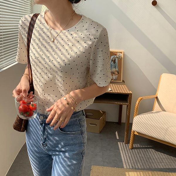women's t-shirt summer o-neck short sleeve for women beige dot korean style chic elegant, White
women's t-shirt summer o-neck short sleeve for women beige dot korean style chic elegant, White