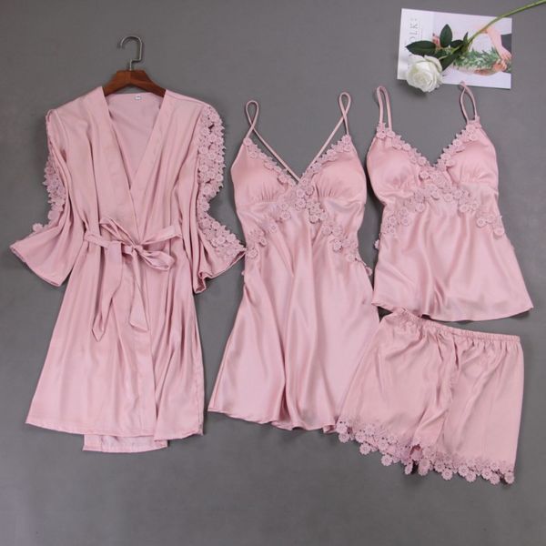women pajamas sets ladies satin lace sleepwear 4 pieces sets robe gown nightdress pyjama lounge sets pijama homewear, Black;red
women pajamas sets ladies satin lace sleepwear 4 pieces sets robe gown nightdress pyjama lounge sets pijama homewear, Black;red