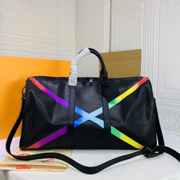 new rainbow travel double zipper with padlock adjustable detachable belt cowhide trim ferrous metal parts large luggage bag
new rainbow travel double zipper with padlock adjustable detachable belt cowhide trim ferrous metal parts large luggage bag