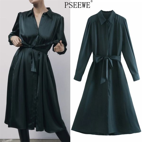 green long shirt satin dress women winter elegant sleeve midi woman vintage belt button chic es 210519, Black;gray
green long shirt satin dress women winter elegant sleeve midi woman vintage belt button chic es 210519, Black;gray