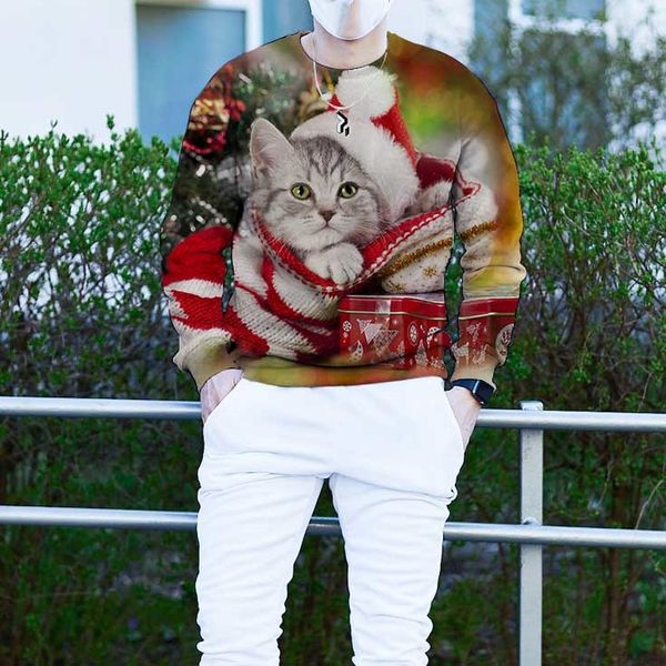 men's christmas 3d printing long sleeve hoodless sweater cute little milk cat santa claus pattern costume, White;black
men's christmas 3d printing long sleeve hoodless sweater cute little milk cat santa claus pattern costume, White;black