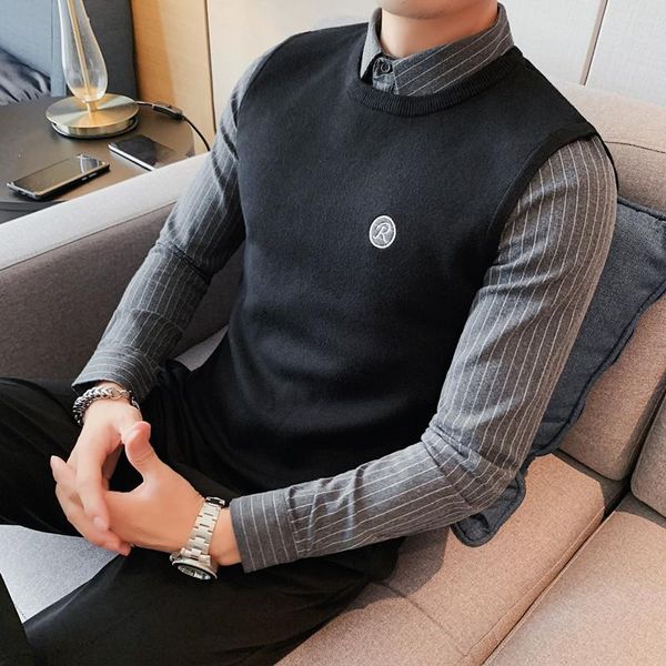 men's sweaters 2021 men autumn and winter korean style slim-fit fake two-piece sweater british casual embroidery lapel fashion, White;black
men's sweaters 2021 men autumn and winter korean style slim-fit fake two-piece sweater british casual embroidery lapel fashion, White;black