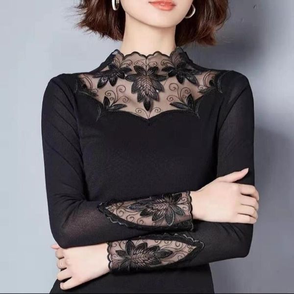 women's t-shirt autumn mesh lace patchwork slim tshirt women casual turtleneck elastic long sleeve hollow out pullover tee, White
women's t-shirt autumn mesh lace patchwork slim tshirt women casual turtleneck elastic long sleeve hollow out pullover tee, White