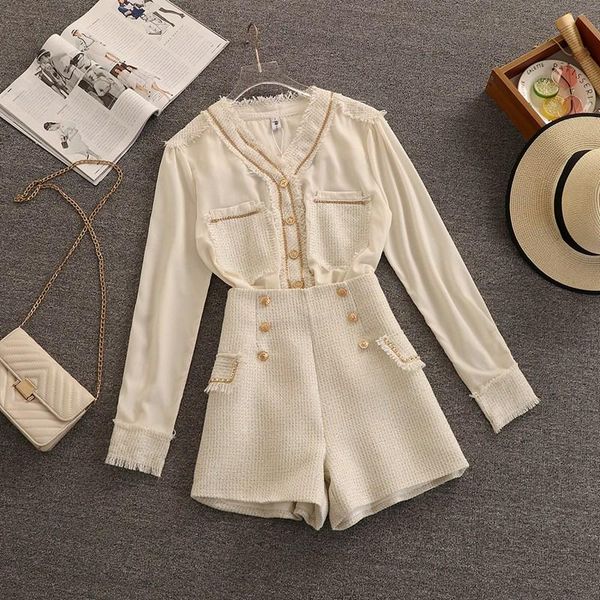 women's tracksuits autumn small fragrance tweed 2 piece set women chain trim tassel patchwork shirt blouse + shorts suits korean fashio, Gray 
women's tracksuits autumn small fragrance tweed 2 piece set women chain trim tassel patchwork shirt blouse + shorts suits korean fashio, Gray