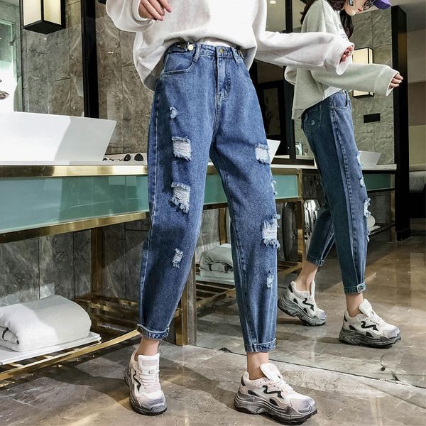 women's jeans nine point daddy pants loose and thin high waist for women 2021, Blue