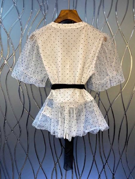 women's knits & tees summer fashion high-quality shirts ladies with cleavage v polka dot print block color waistband from short sleeve, White
women's knits & tees summer fashion high-quality shirts ladies with cleavage v polka dot print block color waistband from short sleeve, White