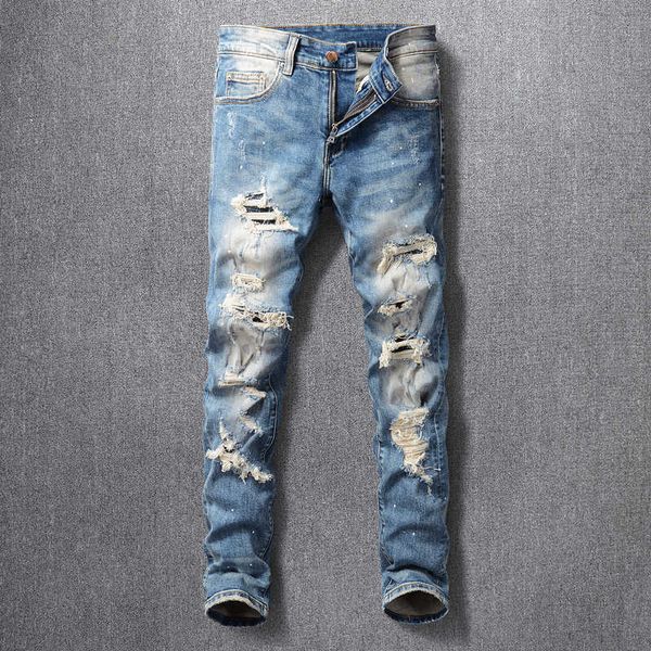 men's jeans american street fashion retro blue sim fit elastic destroyed ripped for painted designer hip hop punk pants zyng
men's jeans american street fashion retro blue sim fit elastic destroyed ripped for painted designer hip hop punk pants zyng