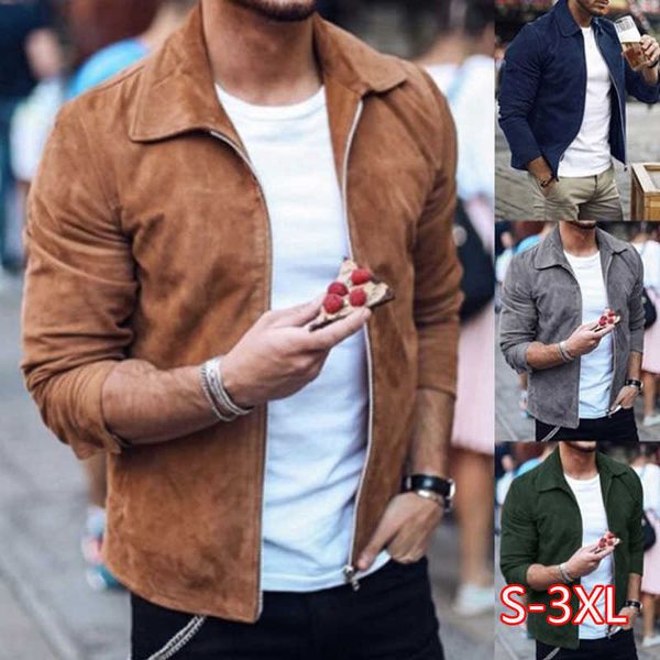 

jacket streetwear coat outwear trendy slim suede fashion men cotton casual turn-down collar rib sleeve solid zipper china x0621, Black;brown