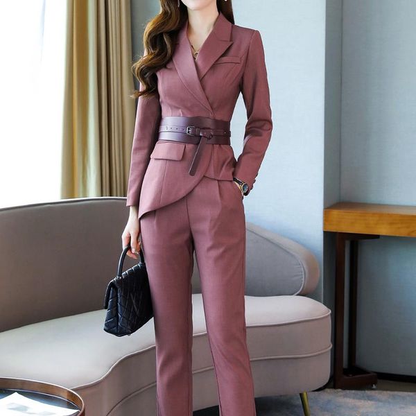 women's two piece pants spring autumn fashion work business suits irregular blazer with belt for women 2 pieces set, White
women's two piece pants spring autumn fashion work business suits irregular blazer with belt for women 2 pieces set, White