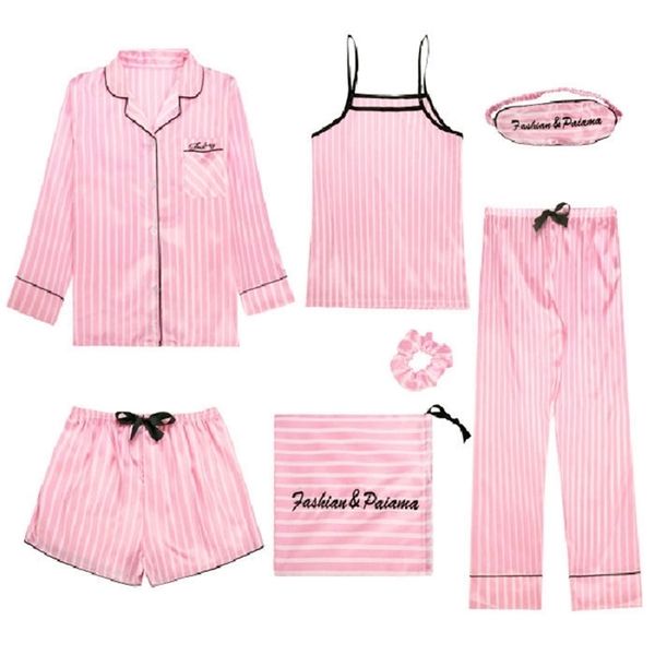 lingering warmth women's 7 pieces pajamas sets faux silk striped pyjama women sleepwear sets spring summer autumn sweet homewear 210325, Black;red
lingering warmth women's 7 pieces pajamas sets faux silk striped pyjama women sleepwear sets spring summer autumn sweet homewear 210325, Black;red