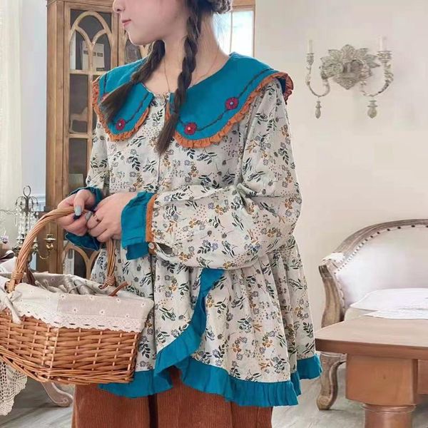 women's blouses & shirts johnature japanese cotton linen irregular doll collar women 2021 autumn mori embroidery loose print female, White 
women's blouses & shirts johnature japanese cotton linen irregular doll collar women 2021 autumn mori embroidery loose print female, White