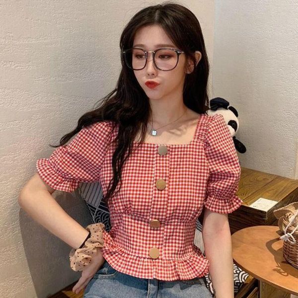 women's blouses & shirts women short sleeve summer plaid novelty crop female korean style hem ruffles button slim shirt student kawaii, White
women's blouses & shirts women short sleeve summer plaid novelty crop female korean style hem ruffles button slim shirt student kawaii, White