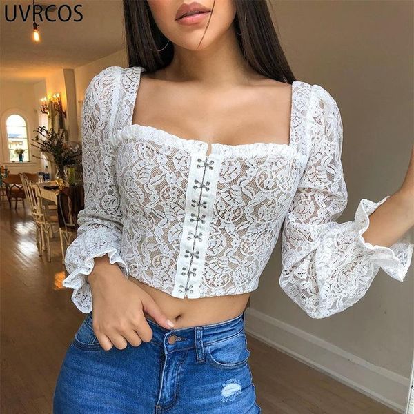 women's t-shirt uvrcos tube 2021 fashion casual lace embroidery square collar see through female's, White
women's t-shirt uvrcos tube 2021 fashion casual lace embroidery square collar see through female's, White