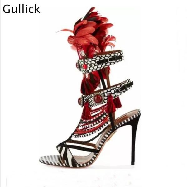 mixed colors feather string bead women sandals open toe high heel red gems decor buckle strap party shoes, Black
mixed colors feather string bead women sandals open toe high heel red gems decor buckle strap party shoes, Black