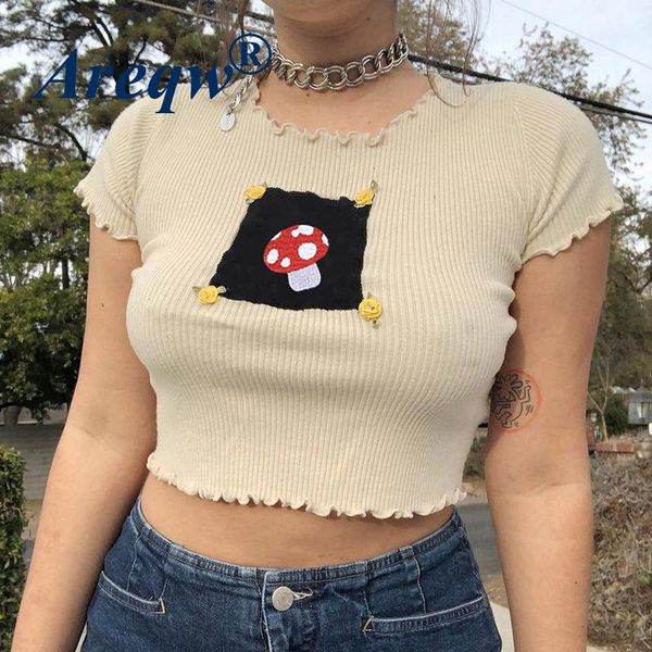women's short print short-sleeved t-shirt with mushroom print, umbilical slim top, White
women's short print short-sleeved t-shirt with mushroom print, umbilical slim top, White