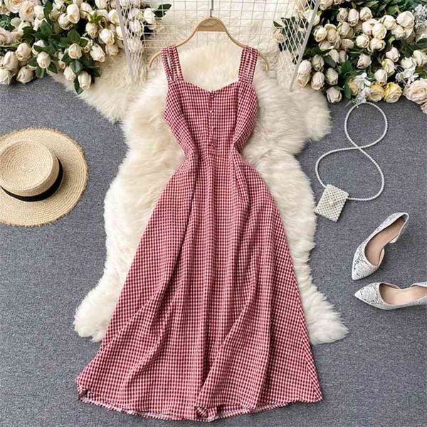 korean fashion women dress summer sleeveless vintage style plaid print spaghetti strap buttons a-line beach midi 210603, Black;gray
korean fashion women dress summer sleeveless vintage style plaid print spaghetti strap buttons a-line beach midi 210603, Black;gray
