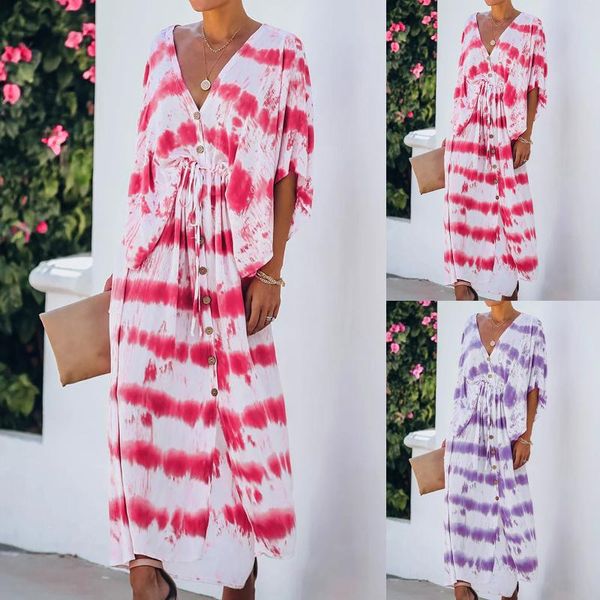 casual dresses women tie-dye print dress elegant ladies shirring button v neck large swing female streetwear holiday loose kimono, Black;gray 
casual dresses women tie-dye print dress elegant ladies shirring button v neck large swing female streetwear holiday loose kimono, Black;gray