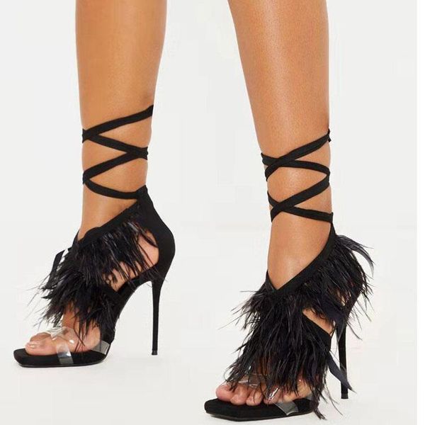 sandals summer women high heels shoes cross-tie gladiator transparent pumps feather decor thin wedding party, Black
sandals summer women high heels shoes cross-tie gladiator transparent pumps feather decor thin wedding party, Black