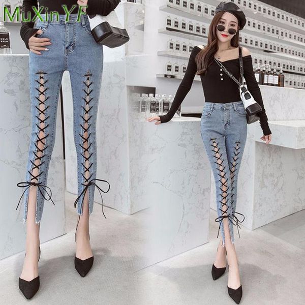 women's jeans 2021 cross-tie stretch cotton high waist thin slim cropped denim trousers female pants vintage clothes, Blue
women's jeans 2021 cross-tie stretch cotton high waist thin slim cropped denim trousers female pants vintage clothes, Blue