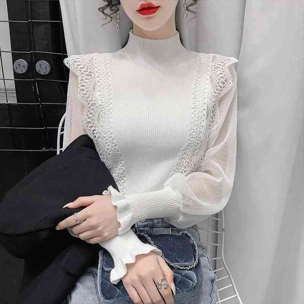 women lace patchwork sweaters autumn mesh see through long sleeve knitted pullovers elegant mock neck slim jumper, White;black
women lace patchwork sweaters autumn mesh see through long sleeve knitted pullovers elegant mock neck slim jumper, White;black