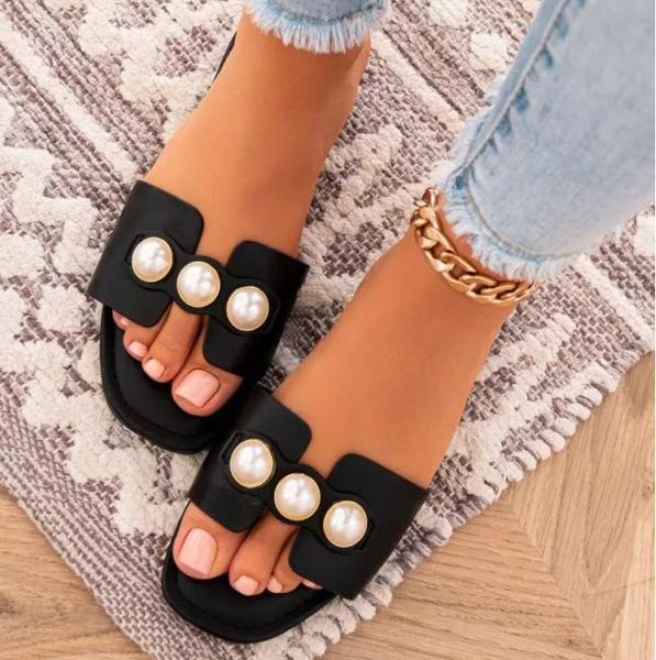 slippers summer elegant women pearl design pu leather flat heel rubber sole outdoor ladies luxury slides mujer, Black
slippers summer elegant women pearl design pu leather flat heel rubber sole outdoor ladies luxury slides mujer, Black