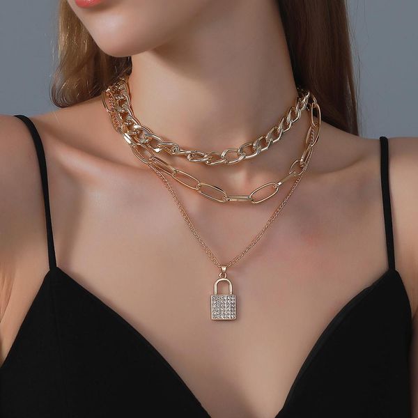european multi layer lock pendant necklaces with diamond thick thin clavicle chains women punk style party dress necklace ornaments accessor, Silver
european multi layer lock pendant necklaces with diamond thick thin clavicle chains women punk style party dress necklace ornaments accessor, Silver