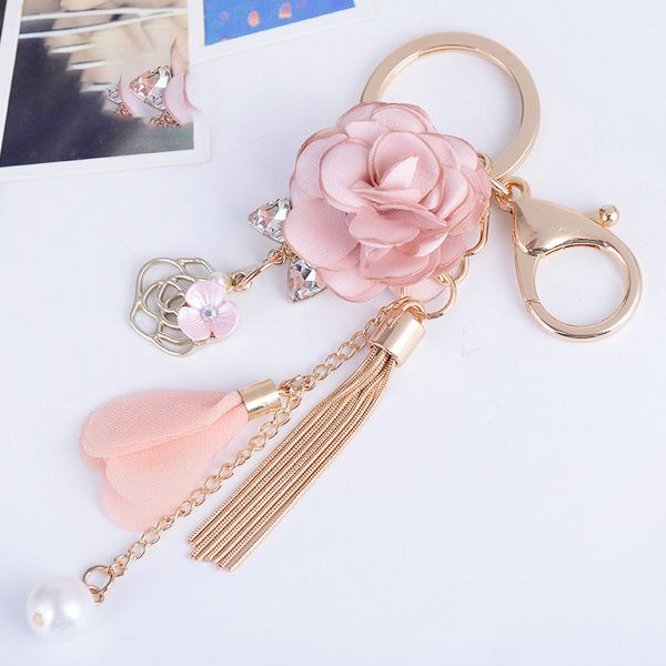 

fresh fabric pink flower tassel chain car keychain petal imitation pearls exquisite keyring female girl bag pendant trinket gift keyfob, Silver
