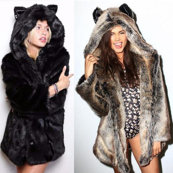 women's fur & faux winter coat long hooded ears for lady europe and america coats jackets women, Black
women's fur & faux winter coat long hooded ears for lady europe and america coats jackets women, Black