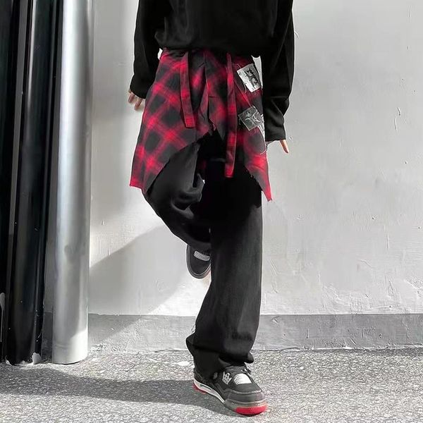 men's jeans vibe style two piece patchwork plaid shirts pants mens harajuku oversize straight streetwear casaual denim trousers, Blue
men's jeans vibe style two piece patchwork plaid shirts pants mens harajuku oversize straight streetwear casaual denim trousers, Blue