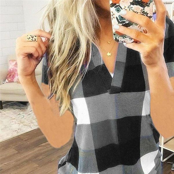 women blouses fashion ladies summer v neck plaid short sleeve loose casual shirt blouse gray green red blue, White
women blouses fashion ladies summer v neck plaid short sleeve loose casual shirt blouse gray green red blue, White