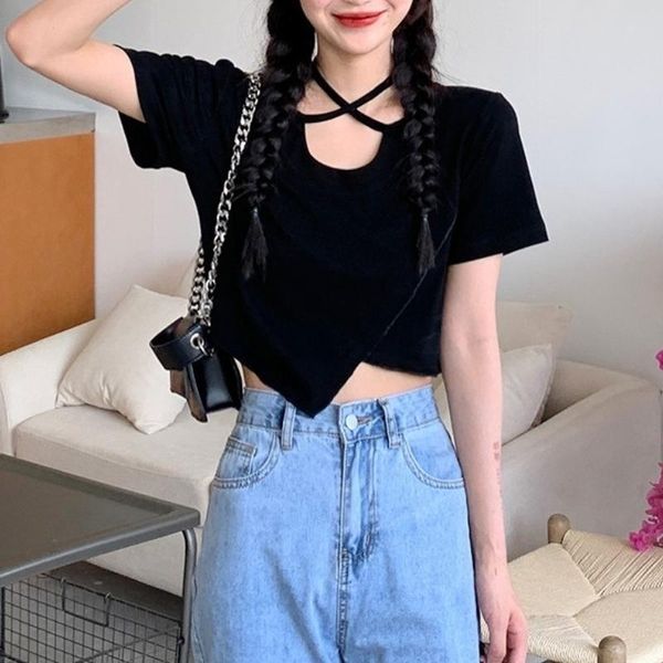 men's casual shirts korean fashion bandage design black women short sleeve slim tshirts femaels 2021 summer y2k vintage blouse, White;black
men's casual shirts korean fashion bandage design black women short sleeve slim tshirts femaels 2021 summer y2k vintage blouse, White;black