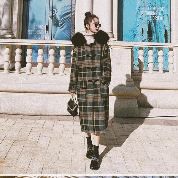 women's wool & blends winter long woolen coat green plaid removable large fur collar hooded horn buckle loose casual fashion windproof, Black
women's wool & blends winter long woolen coat green plaid removable large fur collar hooded horn buckle loose casual fashion windproof, Black