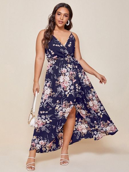 plus floral print wrap cami dress n8v5#, Black