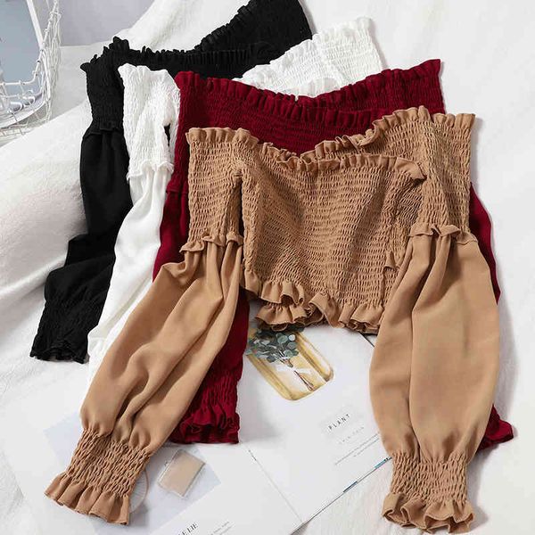 slash neck short women ruffle long sleeve khaki/white shirts casual slim off shoulder female fashion 210426
slash neck short women ruffle long sleeve khaki/white shirts casual slim off shoulder female fashion 210426