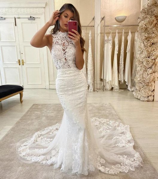 halter neck lace mermaid wedding dresses appliqued sweep trian backless tulle bridal gowns plus size vestidos de novia, White
halter neck lace mermaid wedding dresses appliqued sweep trian backless tulle bridal gowns plus size vestidos de novia, White