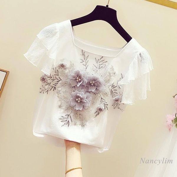 women's t-shirt slim fit cotton tshirt woman 2021 summer korean style sweet beaded flower embroidered ruffle sleeve t-shirts camisetas, White
women's t-shirt slim fit cotton tshirt woman 2021 summer korean style sweet beaded flower embroidered ruffle sleeve t-shirts camisetas, White