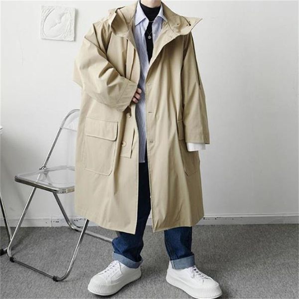 men's trench coats windbreaker autumn korean fashion loose medium and long hooded youth casual over knee coat, Tan;black
men's trench coats windbreaker autumn korean fashion loose medium and long hooded youth casual over knee coat, Tan;black